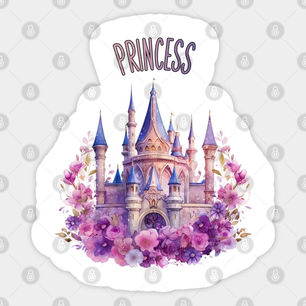 Princess Pink Purple Dreamy Castle with Flowers Watercolor Art Sticker by AdrianaHolmesArt